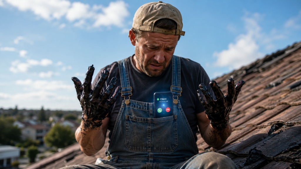 Handwerker mit schwarzen Händen kann nicht ans Telefon gehen