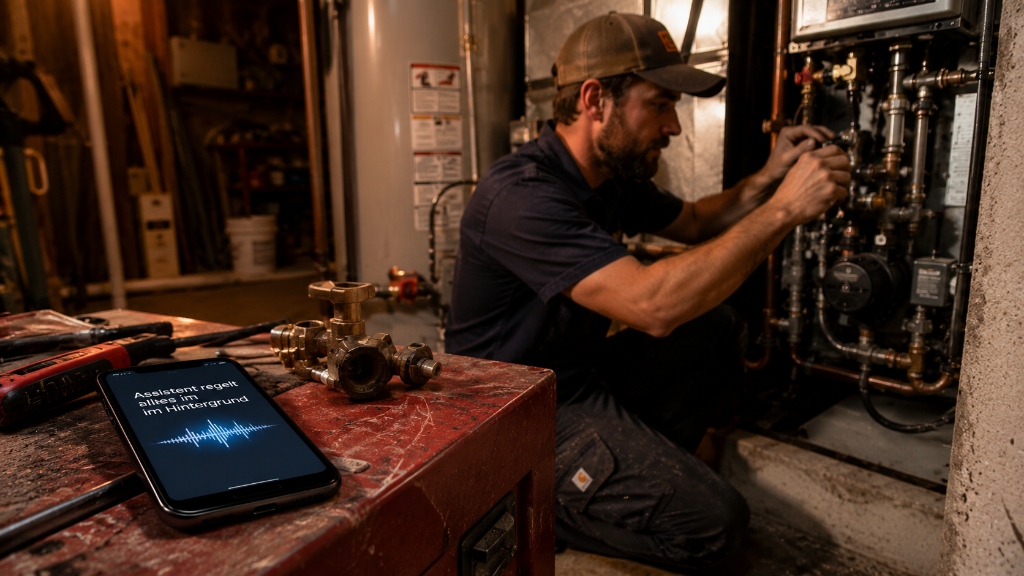 Handwerker arbeitet hochkonzentriert, während die KI das Telefon übernimmt
